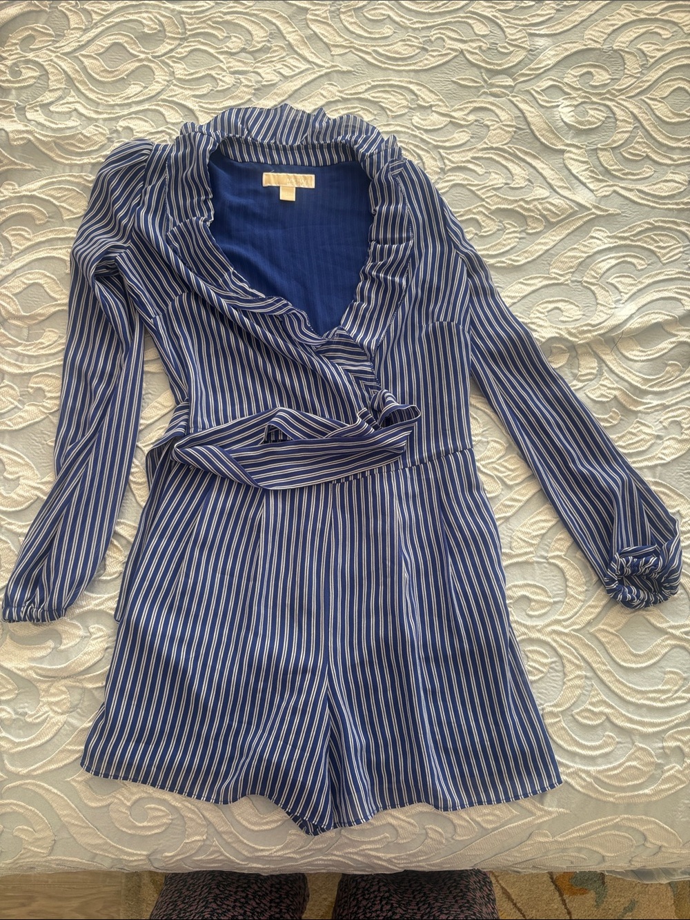 Michael Kors Blue and White Striped Wrap Romper